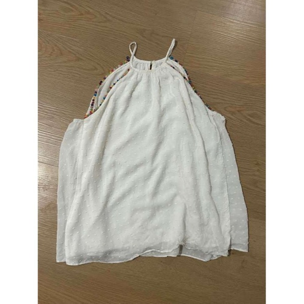 White Swiss Dot Pom Trim Babydoll Halter Top Womens M Playful Kuwaii Vacation